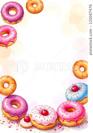 Frame made of Assorted Donuts with copy space, white background. Border of Delicious Colorful Donuts and Cakes. Vertical Banner 120087476