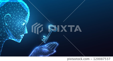 AI security and success concept with robotic head holding key on lue background. Digital protection 120087537