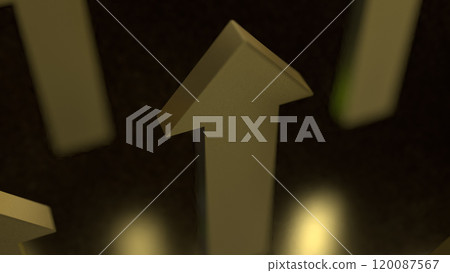 The gold arrow up on black background 3d rendering. The gold arrow up on black background 3d rendering. 120087567