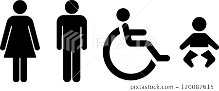 黑白廁所標記,男性和女性圖標,輪椅,嬰兒,哺乳室 黑白廁所標記,男性和女性圖標,輪椅,嬰兒,哺乳室 120087615