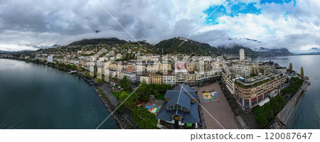 City of Montreux and Lake Leman in the evening 120087647