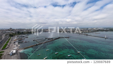 Beautiful Lake Leman in Geneva from above on a sunny day 120087689