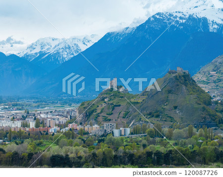 Sion Switzerland also called Sitten with Valere Castle and Tourbillon Castle 120087726