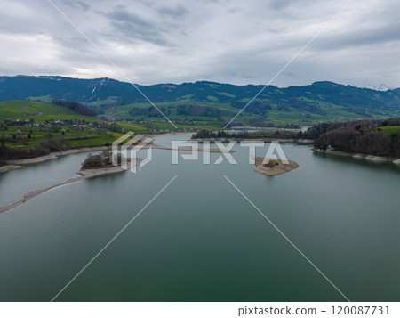Beautiful Lake Gruyere in Switzerland from above Beautiful Lake Gruyere in Switzerland from above 120087731