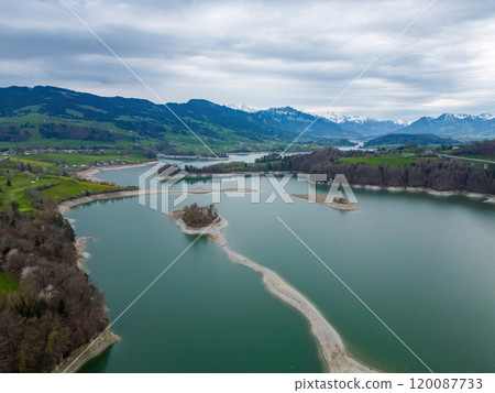 Beautiful Lake Gruyere in Switzerland from above Beautiful Lake Gruyere in Switzerland from above 120087733