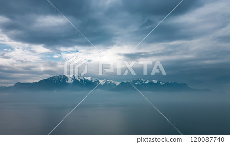 Dramatic sky over Lake Leman in Switzerland 120087740