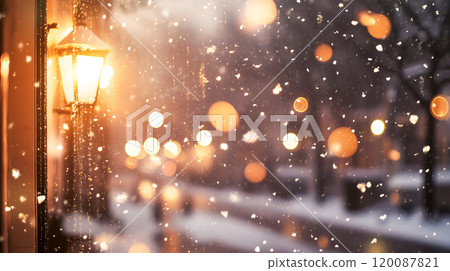 A snowy night with twinkling lights 120087821