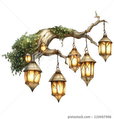 A Set of Glowing Elven Lanterns Hanging from Tree Branches 120087986