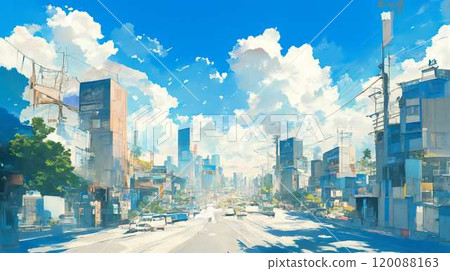 大城市路口的陽光明媚的風景和藍天漂浮的白雲 120088163