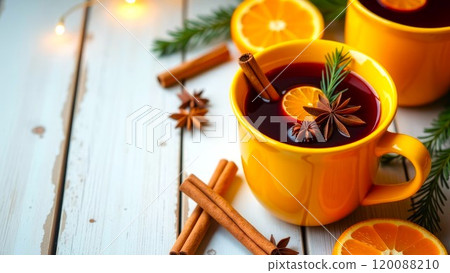 Winter Hot Drink in orange mug. Traditional Christmas Mulled wine with orange, cinnamon, anise on wooden table. Copy Space. Lit garland and spruce branch 120088210