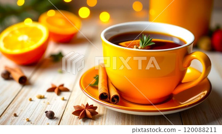 Winter Hot Drink in orange mug. Traditional Christmas Mulled wine with orange, cinnamon, anise on wooden table. Copy Space. Lit garland and spruce branch Winter Hot Drink in orange mug. Traditional Christmas Mulled wine with orange, cinnamon, anise on wooden table. Copy Space. Lit garland and spruce branch 120088211