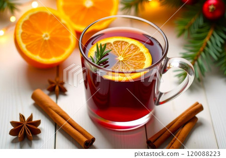 Close-up Christmas Hot Mulled wine in glass mug. Mulled wine with cinnamon, orange, anise and spruce branch, on light wooden table. Traditional Winter Holiday Drink 120088223