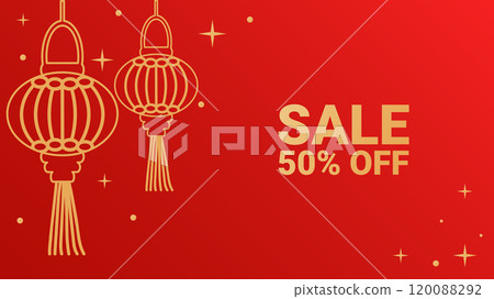 Chinese New Year discount banner red gold. Stars and lanterns. Traditional abstract patterns. Design for online store social network web page. Vector illustration. 120088292