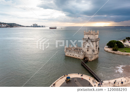 Aerial view Belem Tower on Tagus river in Lisbon Aerial view Belem Tower on Tagus river in Lisbon 120088293