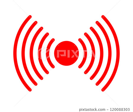 Target sign. Pain localization, sore or inflammation symbol. Shockwave, sonar wave, radio, radar or sound signal sign isolated on white background. Vector flat illustration Target sign. Pain localization, sore or inflammation symbol. Shockwave, sonar wave, radio, radar or sound signal sign isolated on white background. Vector flat illustration 120088303