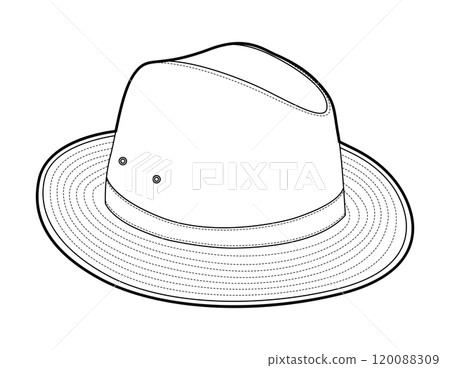 Safari Hat with band. Head Fashion accessory cap with wide brim with stitching clothing technical illustration. Vector Safari Hat with band. Head Fashion accessory cap with wide brim with stitching clothing technical illustration. Vector 120088309