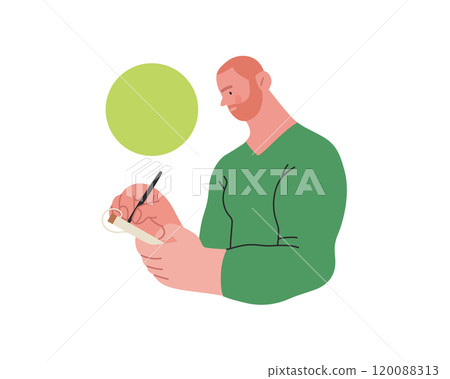 Writing people, modern flat vector concept illustration- standing man thoughtfully writing on notebook, bubble near head Metaphor for reflection, personal insight, contemplation, creative expression Writing people, modern flat vector concept illustration- standing man thoughtfully writing on notebook, bubble near head Metaphor for reflection, personal insight, contemplation, creative expression 120088313