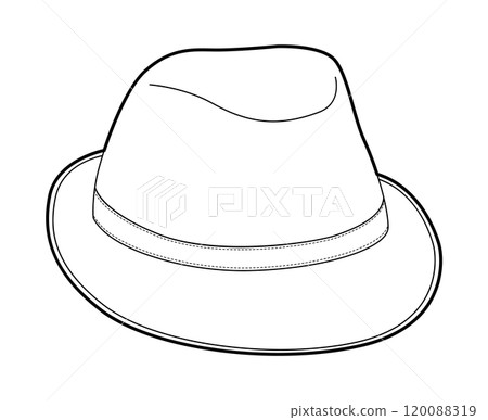 Fedora Hat with band. Head Fashion accessory cap with narrow brim clothing technical illustration. Vector headgear 120088319