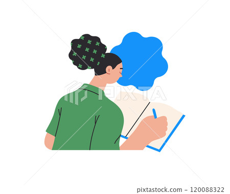 Writing people, modern flat vector concept illustration- sitting woman thoughtfully writing on notebook, bubble near head Metaphor for reflection, personal insight, contemplation, creative expression 120088322