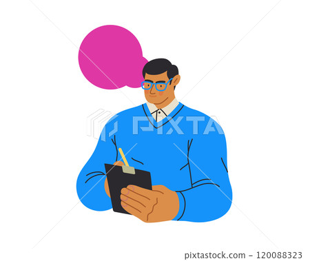Writing people, modern flat vector concept illustration- standing man thoughtfully writing on clipboard, bubble near head Metaphor for reflection, personal insight, contemplation, creative expression Writing people, modern flat vector concept illustration- standing man thoughtfully writing on clipboard, bubble near head Metaphor for reflection, personal insight, contemplation, creative expression 120088323