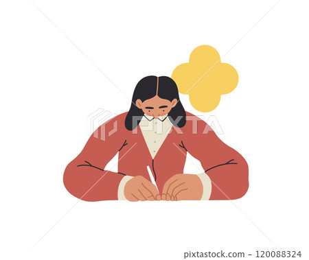 Writing people, modern flat vector concept illustration- sitting woman thoughtfully writing on paper, bubble near head Metaphor for reflection, personal insight, contemplation, creative expression Writing people, modern flat vector concept illustration- sitting woman thoughtfully writing on paper, bubble near head Metaphor for reflection, personal insight, contemplation, creative expression 120088324