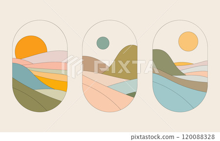 Vector illustration. Curved abstract needles in the mountains combined with the landscape and the setting sun. The bright colors of yellow, orange and blue create a striking contrast. Vector illustration. Curved abstract needles in the mountains combined with the landscape and the setting sun. The bright colors of yellow, orange and blue create a striking contrast. 120088328