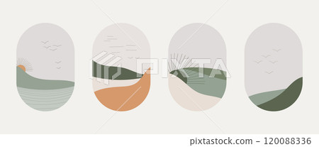 Vector illustration. Pastel illustration of a mountain and a sun on the background. Soft colors create a calm and warm landscape that exudes tranquility. Vector illustration. Pastel illustration of a mountain and a sun on the background. Soft colors create a calm and warm landscape that exudes tranquility. 120088336