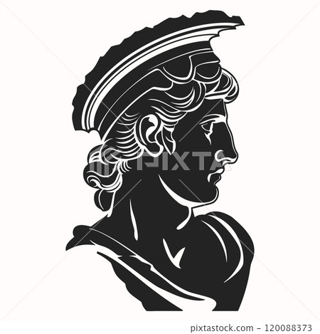 Spartan warrior head icon. Ancient roman or greek warrior head silhouette. Historic warrior portrait in Trojan helmet Spartan warrior head icon. Ancient roman or greek warrior head silhouette. Historic warrior portrait in Trojan helmet 120088373