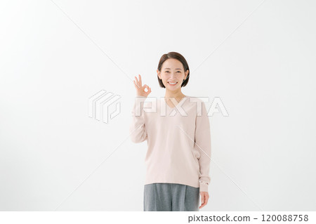 Middle aged woman pointing Middle aged woman pointing 120088758