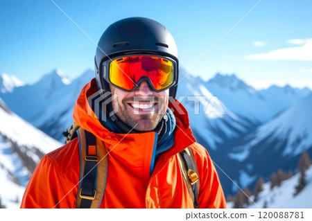 Portrait of Happy Man Alpine Skier in Ski Mask and jacket, Male Skier in Snow-covered Mountains. Winter Sports and Active Lifestyle Concept 120088781