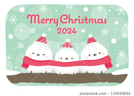 A Christmas card template with an illustration of a cute long-tailed tit (white bird) in a wintery snowy landscape. 120089092