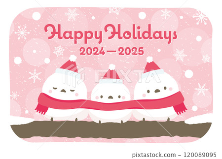 聖誕卡模板,插圖為冬季雪景中可愛的長尾山雀(白鳥)。 聖誕卡模板,插圖為冬季雪景中可愛的長尾山雀(白鳥)。 120089095