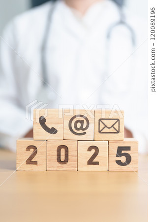 Contact Us concepts. Happy New Year 2025 with Wood block of Email, call Phone and Website Address sign against Doctor background. Healthcare Customer support hotline, health and communication concept 120089196