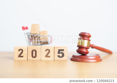 Happy New Year 2025 with Judge gavel and shopping cart. auction and bidding, Trade Regulations, Consumer protection Law, online shopping, E commerce, digital tax and judgment concept Happy New Year 2025 with Judge gavel and shopping cart. auction and bidding, Trade Regulations, Consumer protection Law, online shopping, E commerce, digital tax and judgment concept 120089223