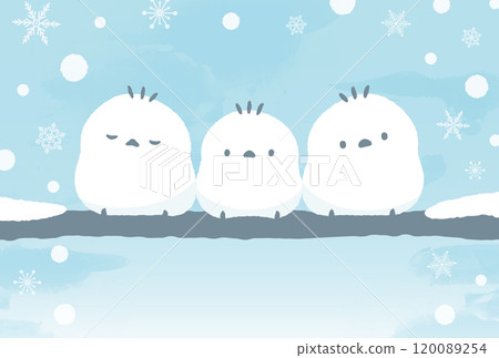 Winter snow scene and cute long-tailed tit bird hand-drawn illustration_January, mid-winter greetings, New Year's card closing, etc. 120089254