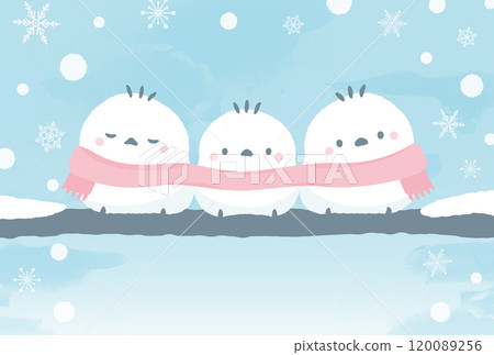 冬天的雪景和可愛的長尾山雀鳥手繪插畫（一月、冬天的問候、新年卡片結束等） 120089256