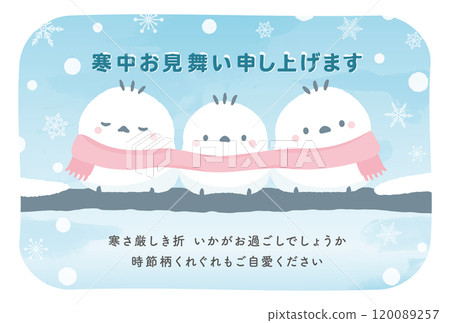 冬天的問候明信片,上面畫著一隻可愛的白尾蛾(白鳥),在冬天般的雪景中,非常適合新年的哀悼期。 冬天的問候明信片,上面畫著一隻可愛的白尾蛾(白鳥),在冬天般的雪景中,非常適合新年的哀悼期。 120089257