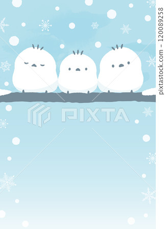 Winter snow scene and cute long-tailed tit bird hand-drawn illustration_January, mid-winter greetings, New Year's card closing, etc. 120089258