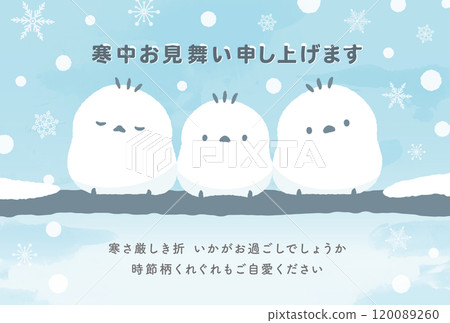 This postcard features a cute illustration of a long-tailed tit (a white bird) in a wintery snowy landscape, perfect for a New Year's greeting in mourning. 120089260