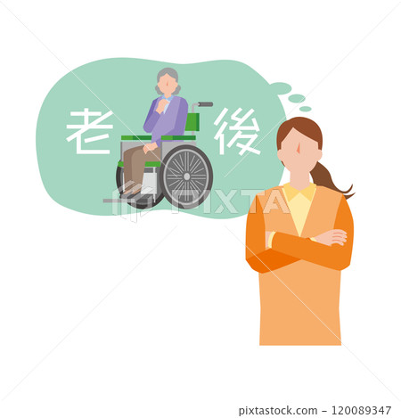 A woman with her arms folded thinking about old age A woman with her arms folded thinking about old age 120089347