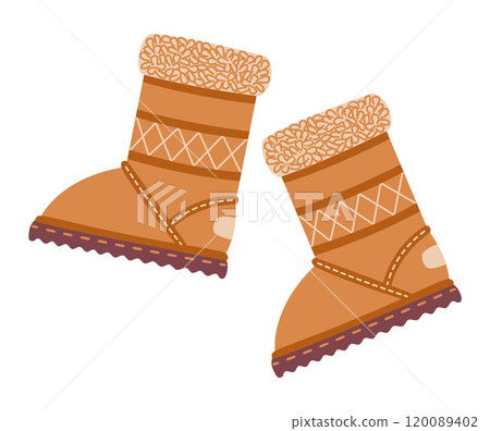 Winter boots ugg doodle style. Hand drawn winter shoes flat style isolated 120089402