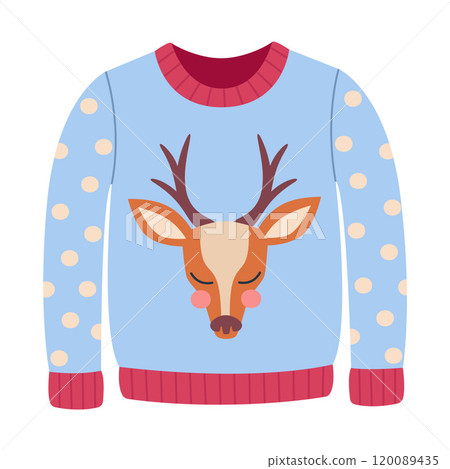 Blue sweater with cute deer. Hand drawn flat style isolated Blue sweater with cute deer. Hand drawn flat style isolated 120089435