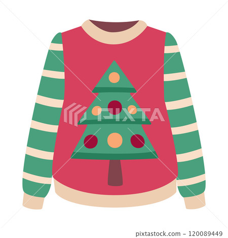 Christmas sweater with Christmas tree. Hand drawn flat style isolated 120089449
