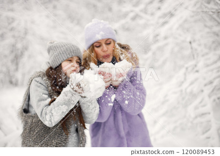 Young blonde woman with her daughter playing in winter in a snowballs. Caucasian woman wearing purple warm jacket and knitted hat. Brunette girl wearing grey jacket and hat. 120089453