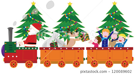 This is an illustration of Santa Claus and his reindeer delivering presents on a steam locomotive at Christmas. This is an illustration of Santa Claus and his reindeer delivering presents on a steam locomotive at Christmas. 120089602