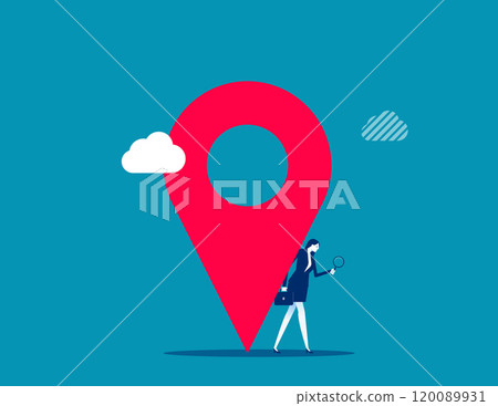 Location search for business address, map or direction to navigate or find position, office location street information concept, curious businessman search with magnifying glass with map location pin. Location search for business address, map or direction to navigate or find position, office location street information concept, curious businessman search with magnifying glass with map location pin. 120089931