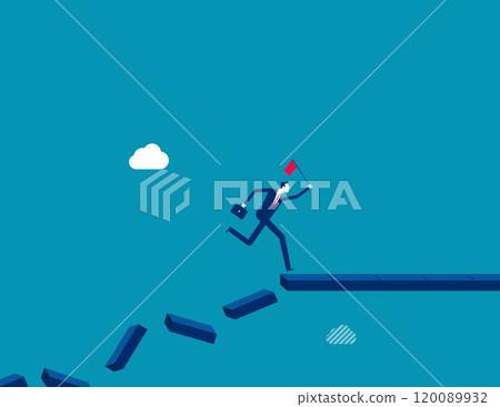 Survive and success in crisis, taking risk to thrive and succeed, courage or confidence to achieve target, effort to overcome challenge concept, businessman jumping on collapse bridge to reach target. 120089932