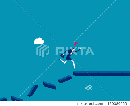 Survive and success in crisis, taking risk to thrive and succeed, courage or confidence to achieve target, effort to overcome challenge concept, businesswoman jumping on collapse bridge to reach 120089933
