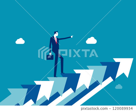 Career growth, growing business or leadership to overcome challenge, motivation to succeed, career development or ambition to success concept, confidence businesswoman walking up growth arrow stair. 120089934