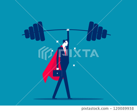 Woman strength powerful superhero, lady leadership or success female leader, pride, ambition, effort or business champion concept, confidence powerful businessman superhero lifting heavy weight. 120089938